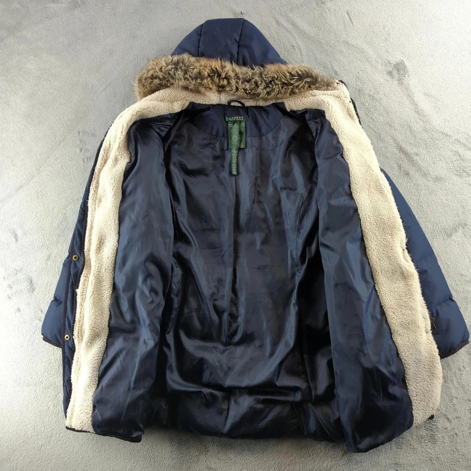 Abrigo Parka de Plumón Lauren Ralph Lauren para Mujer XL Azul Marino Con Capucha Piel Sintética Cremallera Puffer Foto 3 de 4