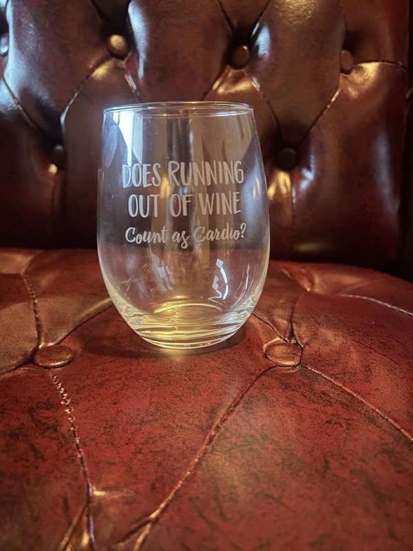 Stemless Wine Glass “Does Running Out of Wine Count as Cardio?” Funny Novelty