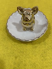 Porcelain Trinket Dish Jewelry Holder Gold Plated French Bulldog w/Bow 3.75”W