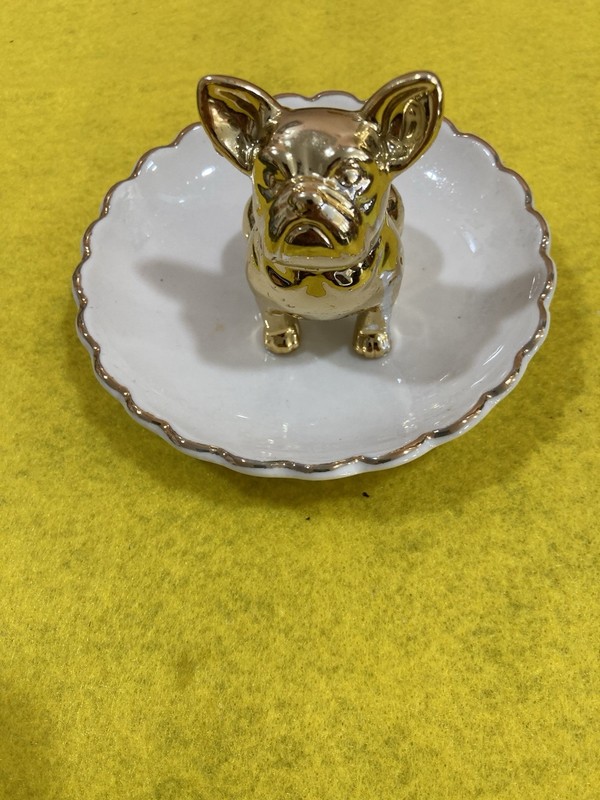 Porcelain Trinket Dish Jewelry Holder Gold Plated French Bulldog w/Bow 3.75”W