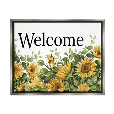 Welcome Typography Sign Blooming Sunflower Field Floating Framed Wall Art, De...