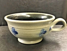 1992 Rowe Pottery Stoneware Soup Cup Salt Glazed Cobalt with Shamrocks