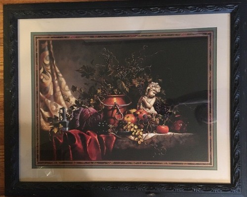 Home Interiors Homco Cherub Fruits Grapes Picture Black Frame Gold Tipped 32"X26