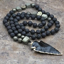 Natural Lava Rock Volcano Stone Beaded Necklace Obsidian Arrow Charm Necklace