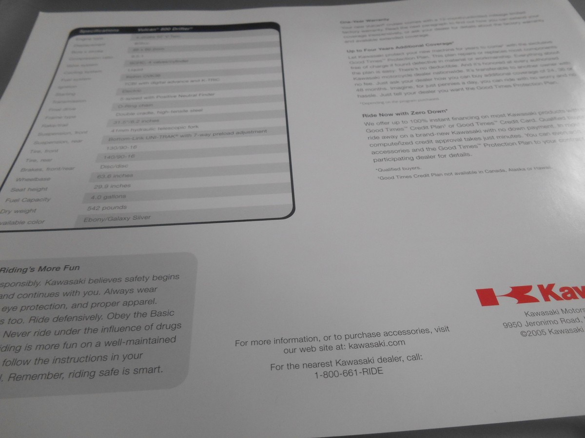 Kawasaki Dealer Sales Specification Chart 2006 Vulcan 800 Drifter