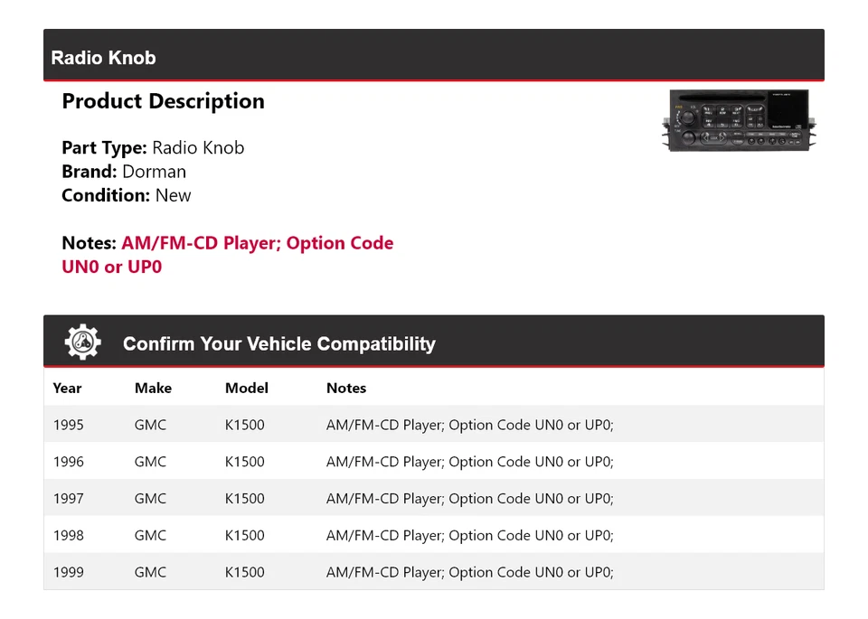 For 1995-1999 GMC K1500 Dorman Radio Knob 1996 1997 1998 - Image 2 of 4