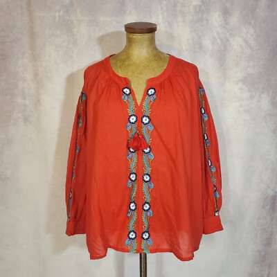 ROLLER RABBIT Boho Peasant Embroidered Tunic Top Blouse LARGE Deep Coral