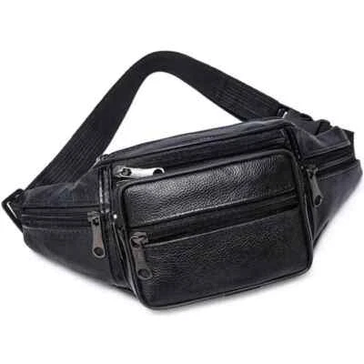Sac Banane en Cuir Noir Unisexe Voyage, Sport, Randonnée, Smartphone - Photo 1/4