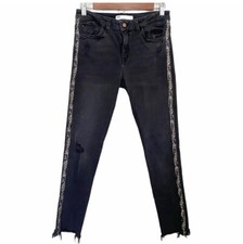 Zara Denim Gray Distressed Raw Hem Snake Python Pattern Stripe Jeans Size 6