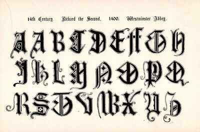 Antique 1906 Alphabet Print 14th Cent Westminster Abbey Font Calligraphy 5863h