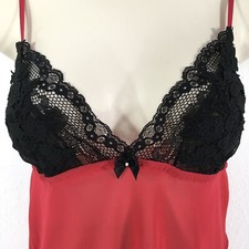 Linea Donatella Red Babydoll Chemise Nightgown M Black Lace Adjustable Straps