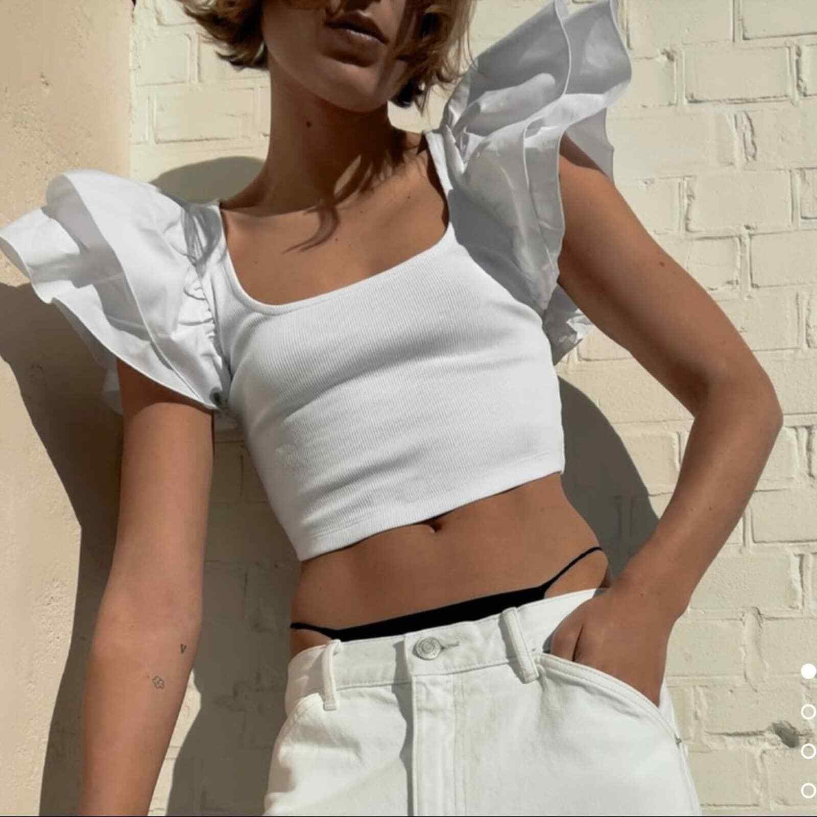 Zara Ruffle Sleeve Ribbed Crop Top NWT L | eBay