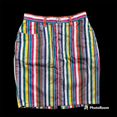 Vintage Skirt Gitano Tribal Stripe 1990s Pink White Blue Zipper Pocket Sz 10/12