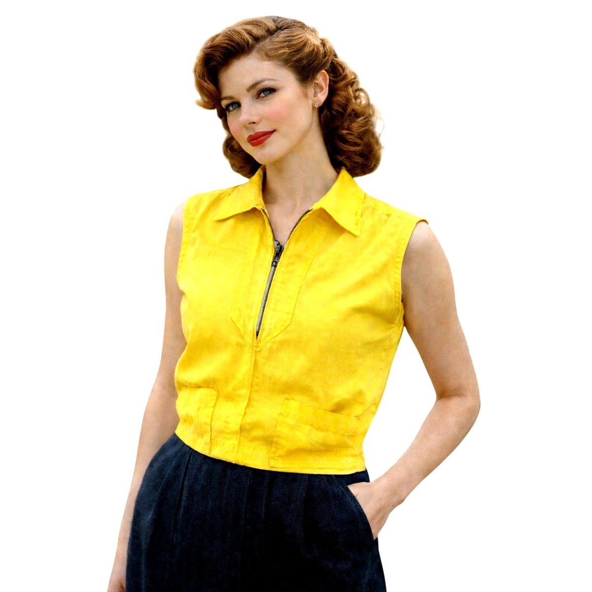 VTG Late 1940s Yellow Cotton Sleeveless Zip Top SFS Metal Zipper Utility Style M
