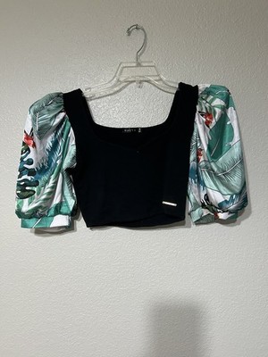 Mauve Boutique Women s Size Sm Black Crop Top Tropical Print Puff Sleeves
