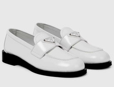 NEW PRADA White Leather Silver Logo Plague Buckle Penny Slip Loafer 37 Shoes 7