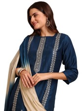 Women's Straight Cotton Silk Embroidered Kurta Palazzo with Dupatta Set