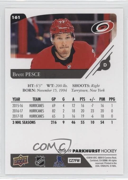 2018-19 Upper Deck Parkhurst Brett Pesce #161 - Image 2 of 2