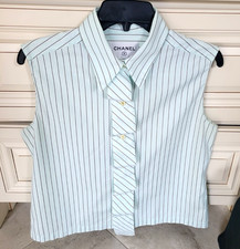 AUTENTICA CAMICIA CHANEL SMANICATA COTONE A RIGHE VERDE CHIARO TOP LOGO CC BOTTONI 40