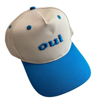 Oui Embroidered Snapback Hat Tan Blue Two Tone Stronger Than Most Cap Mens