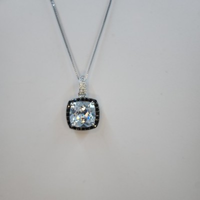 Samuel Aaron Cushion Cut CZ & Black CZ Halo Pendant and Chain, Sterling Silver