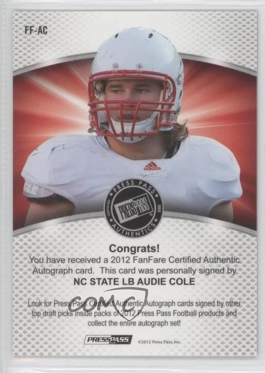 2012 Press Pass Fanfare Red /10 Audie Cole #AC Rookie Auto RC - Image 2 of 2