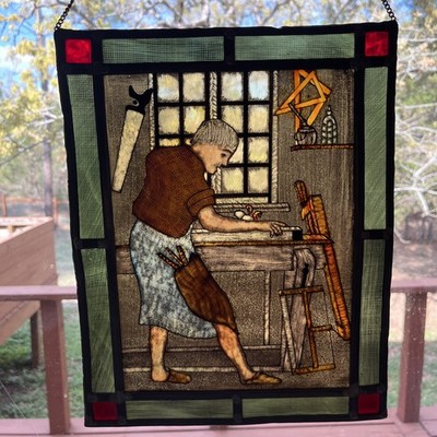 Vintage Hand Painted Stained Glass Carpenter Carpentry Workshop Themed Picture