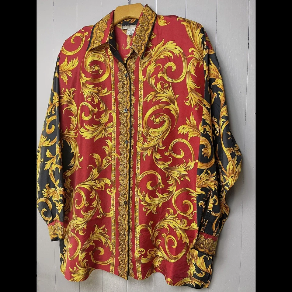 VINTAGE SATIN SILK SHIRT GOLD FLORAL BAROQUE BLACK RED SIZE SMALL - Image 2 of 4