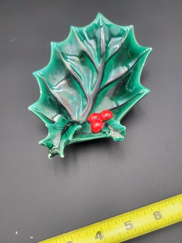 Vintage Lefton Green And Red Holly Candy Dish Holidays Christmas B1 - Picture 9 of 10