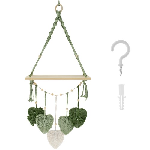 Macrame Wall Hanging Shelf with Woven Leaves Wood Floating Storage Shelf qiOBV - Picture 11 of 12