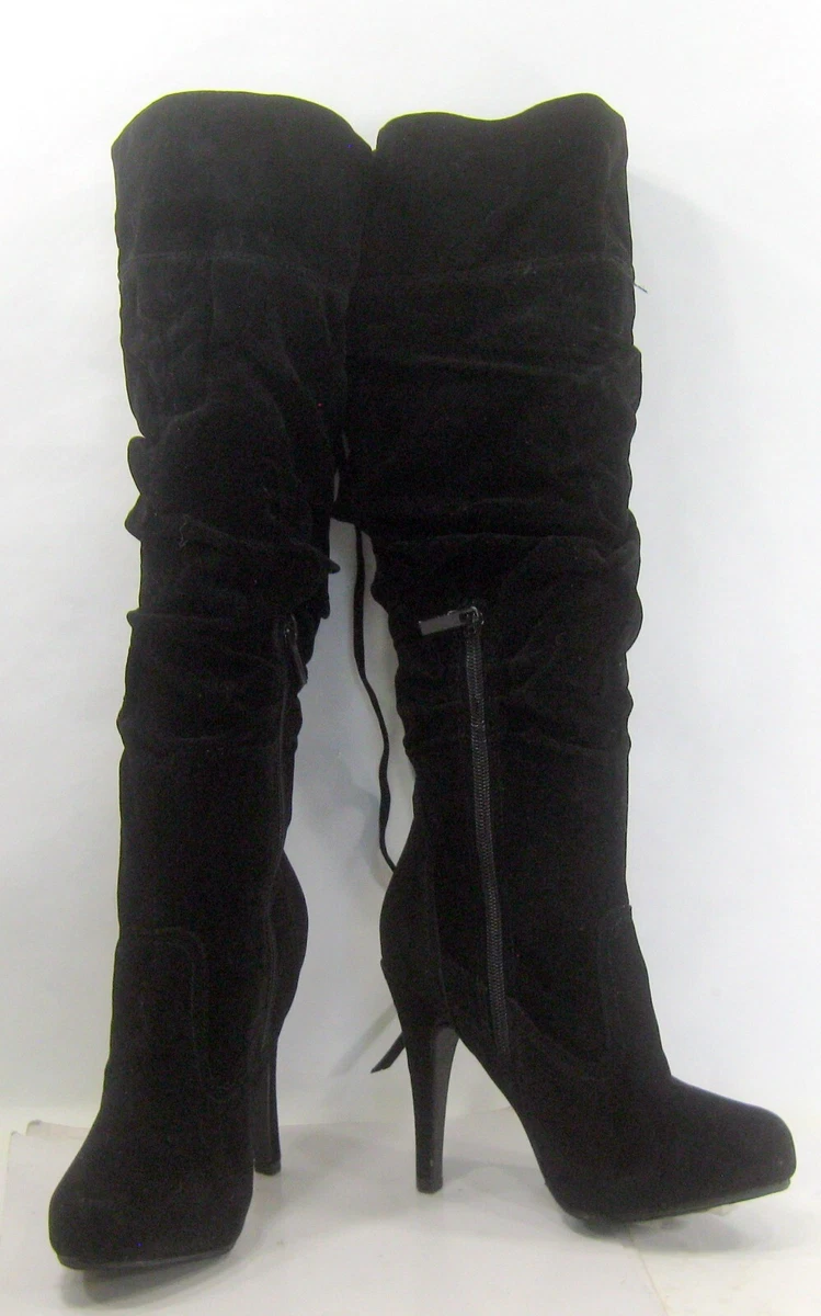 ANNE MICHELLE Nuevas Botas Negras 4.5" Tacón Alto Cremallera Rodilla MUJERES Talla 7