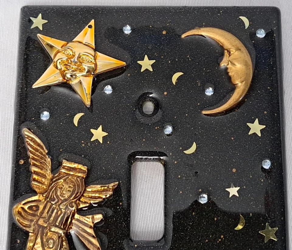 Cubierta de interruptor de luz ecléctica hecha a mano estrellas de luna ángel negro moteado esmaltado Foto 2 de 4