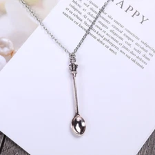 Tiny Silver Tea Spoon Shape Charm Silver Pendant Necklace With Crown - Gift