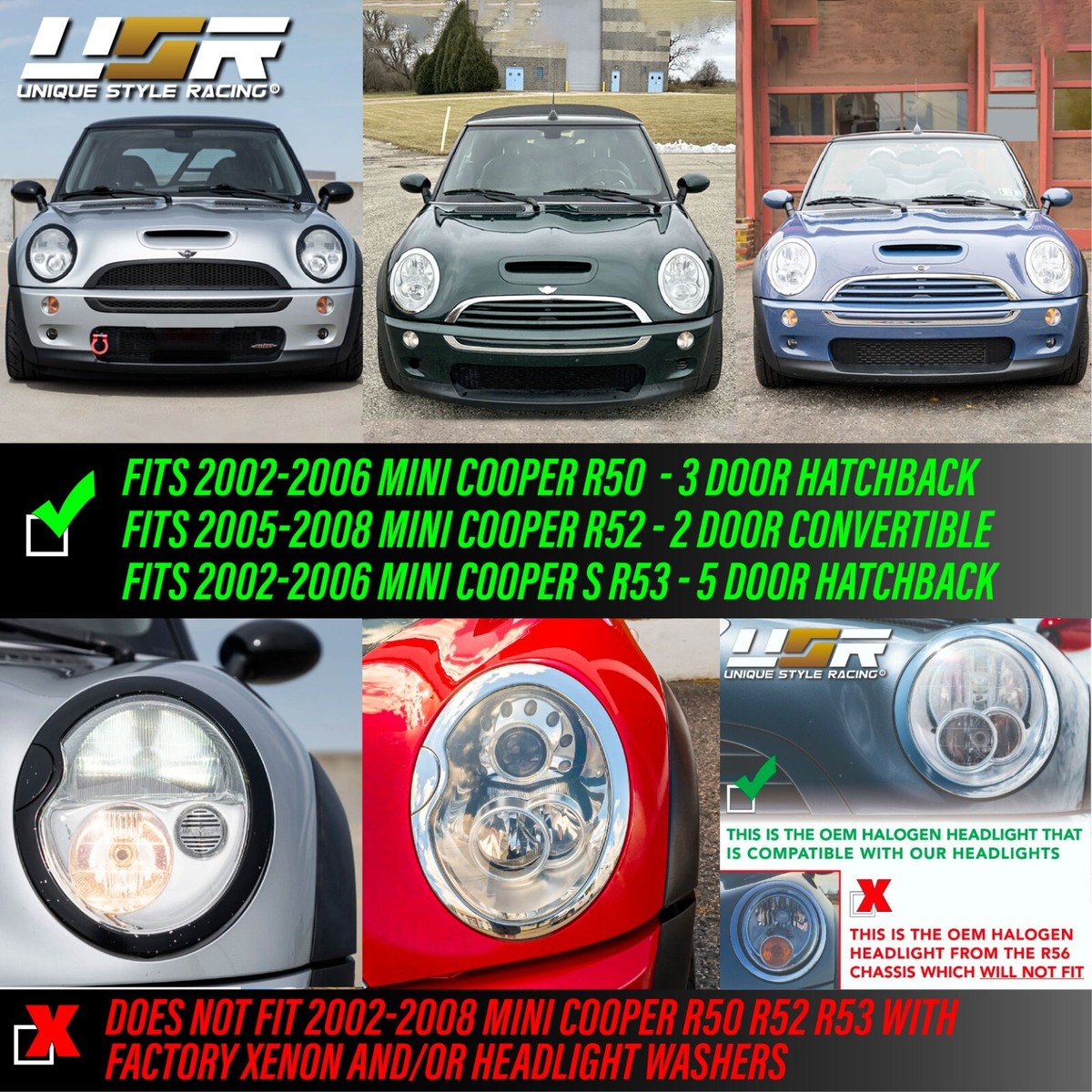 DEPO Black Headlights Pair For 2005-2008 Mini Cooper R50 R52 R53