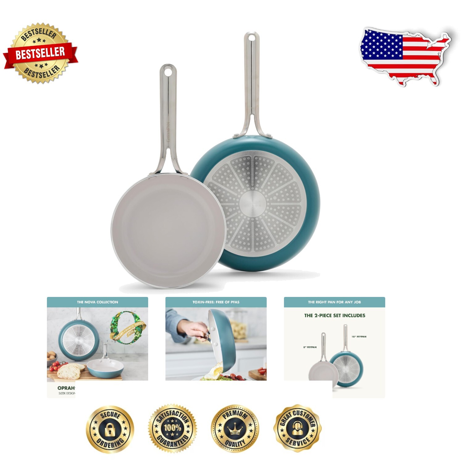 Oprah’s Favorite 2-Piece Frypan Set: Deep Teal Nonstick Skillets, 8