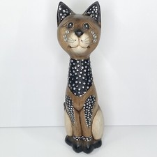 Vintage 12? Wooden Cat Scuplture Figure With Metal Whiskers Accents