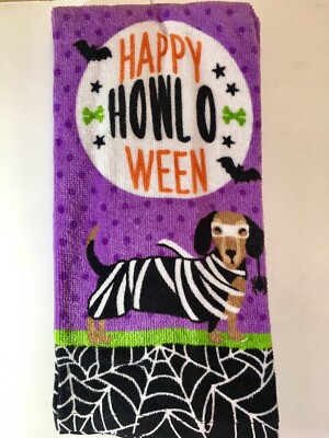 3 HAPPY HOWL O WEEN DACHSHUND IN MUMMY COSTUME HALLOWEEN DOGS KITCHEN TOWELS