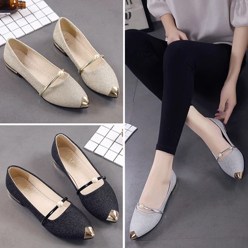 Vintage Fashion Women Pointed Toe Bling Single Shoes Casual Low Heel Flat Shoes - Bild 2 von 18