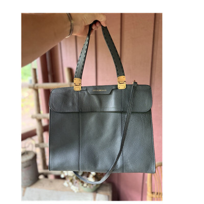 Emporio Armani Black Pebbled Leather Satchel Top Handle Bag Gold Hardware Women