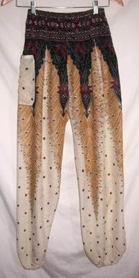 Harem Pants Peacock Pattern Thailand Womens Sz S High Waist Pocket Boho Hippie