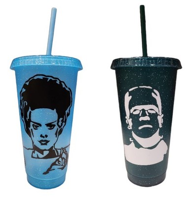  Frankenstein and Bride Style Horror Glitzertassen mit Deckel & Strohhalmen