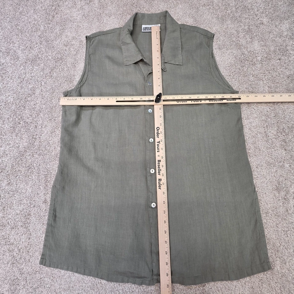 Top Chico's 100 % lino abotonado amarillo verde sin mangas con cuello talla 3 XL Foto 3 de 4