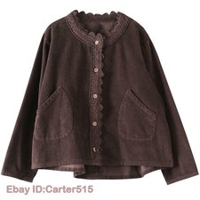 Women Corduroy Blouse Shirt Coat Jacket Top Lace Button Loose Casual Outwear New
