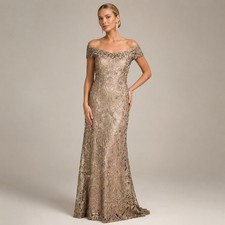 Tadashi Shoji Harford Sequin Gown 4 Copper Gold Lace Off Shoulder Formal Dress