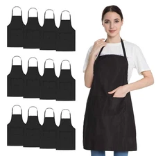Bib Black Apron for Women Men Adult Chef, 12 Pack Kitchen Aprons Bulk with Po...