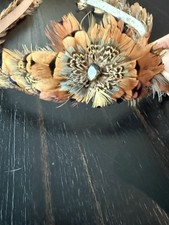 T V Hatbands Feathered 26 Inch Vintage Hatband Brown Turquoise Stone Accent USA