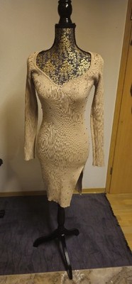 Women's Short Elastic Sexy Long Sleeve Dress in Beige