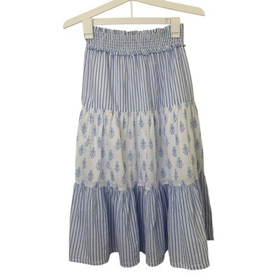 Blue White Striped Coastal CottageCore Floral Maxi Skirt Girls 7-8 Cotton Boho