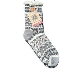 Muk Luks Womens Cabin Socks L XL Gray Fair Isle Sherpa Lined Non Slip NWT