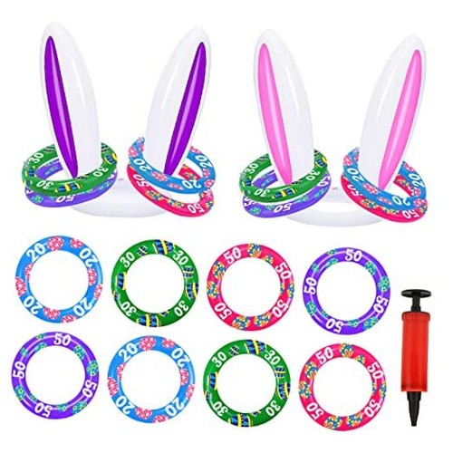 Easter Inflatable Bunny Ear Ring Toss Game, 2Sets& 8 Rings Easter Rabbit Ring